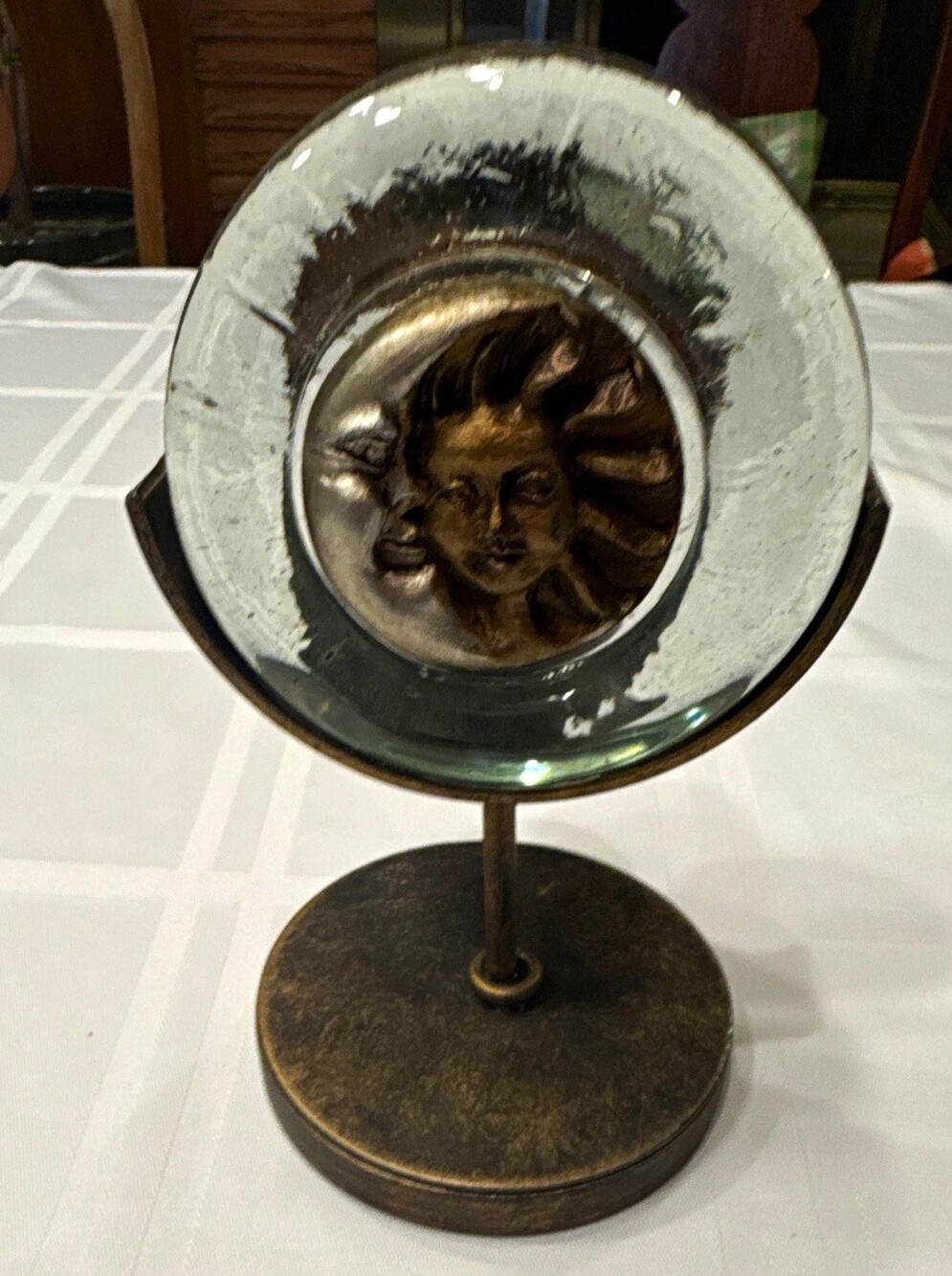 Vtg Whimsigoth Celestial Sun Face Candle Holder Glass Metal Art Sculpture 90s